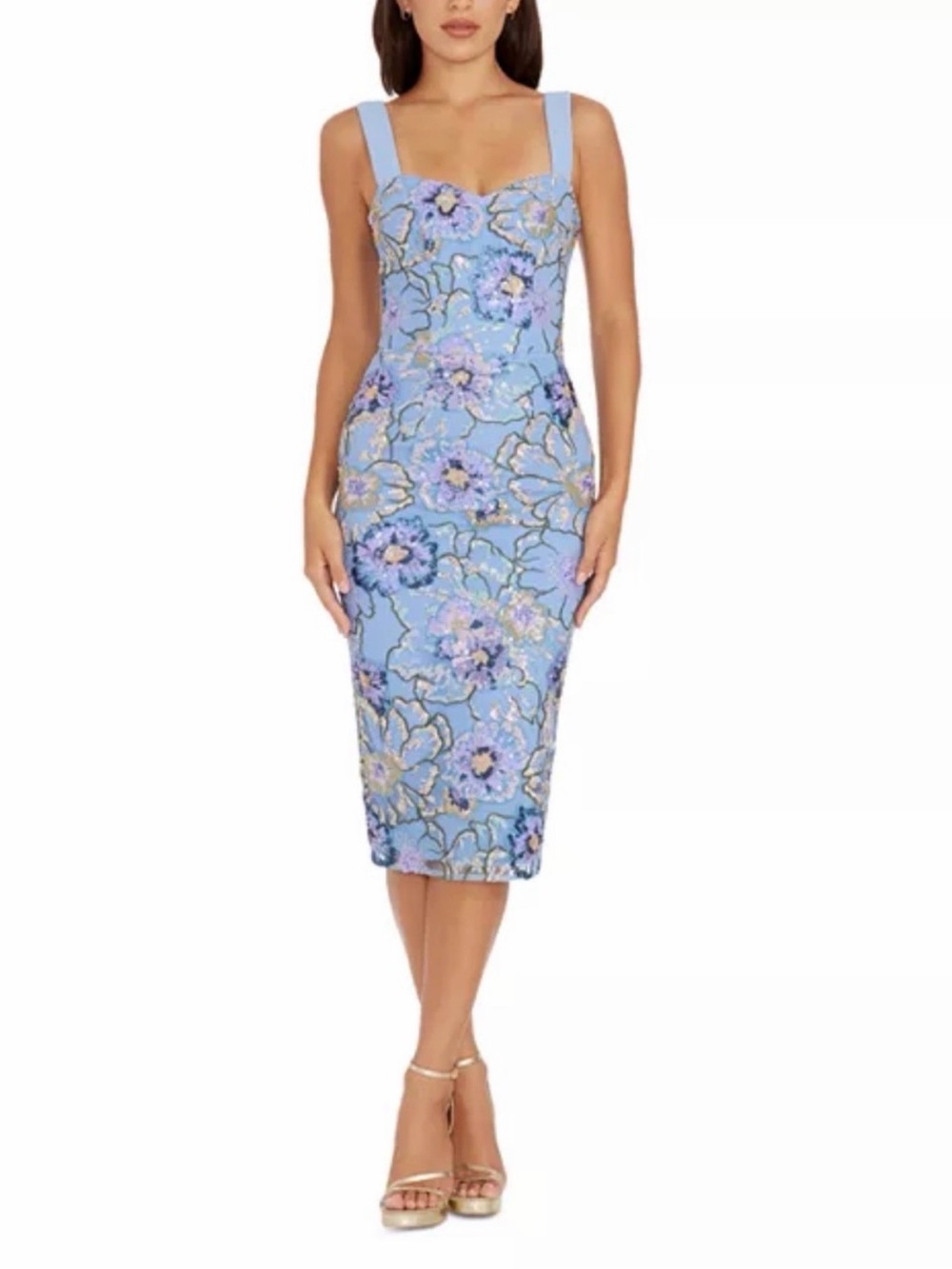 Dress the Population Nicole Sky Multi Sequin Floral Midi Dress L Wedding Guest